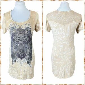 Sinful Tan & Black Studded Mesh Cross Angel Wings Tunic Length Tee - Size Large